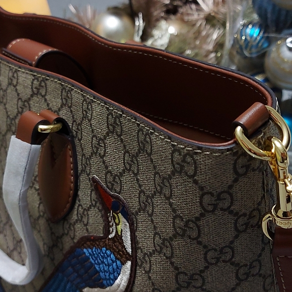 Gucci GG Supreme Peacock Brown Tote Leather Floral Bag Bird Handbag - Picture 8 of 12